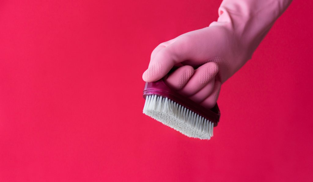 hand with pink gloves holding a small brush